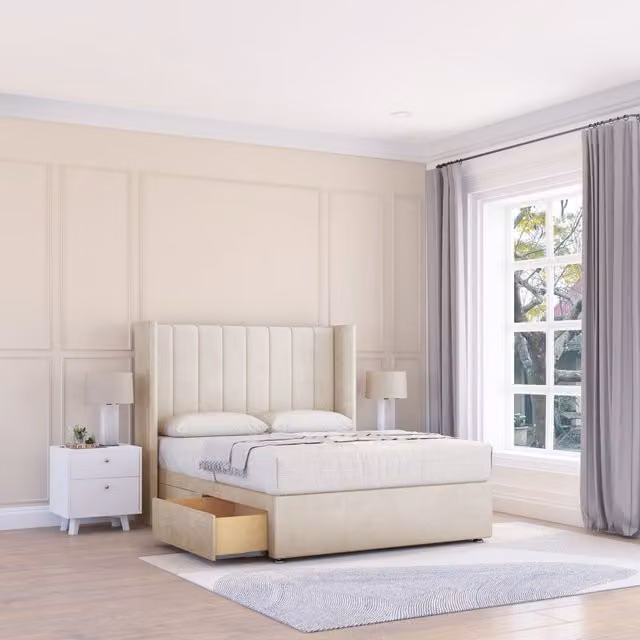 Sloomy Falcon Plush Wingback Bed Set with 2 Drawers and Floor Standing Headboard in Beige, Size: Small Double (W/D/H: 120 x 200 cm)
