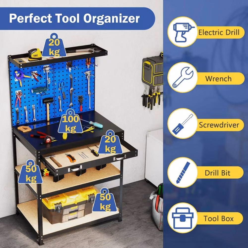 VOGREX Heavy-Duty Metal Workbench with Pegboard in Black and Blue, W: 81 cm, D: 41 cm, H: 156 cm – 3
