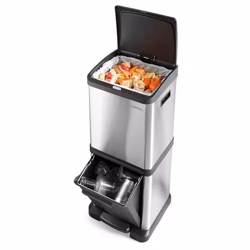 VonHaus 34L Vertical Kitchen Bin with Two Compartments and Removable Inner Buckets in Silver Stainless Steel