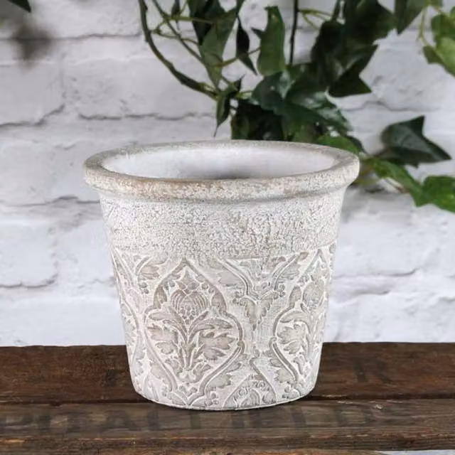 Kingsbury Gifts Antique White Baroque Ceramic Floral Round Tabletop Plant Pot, Diameter: 16 cm