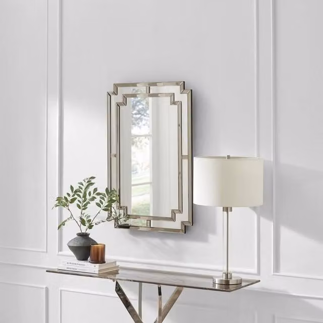 FurnitureboxUK Opaline Grey Art Deco Style Geometric Rectangular Wall Mirror W/H: 90 x 60 cm