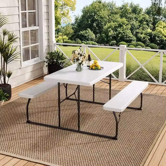 Lifeideas Foldable Garden Table and Bench Set in White, 151 cm