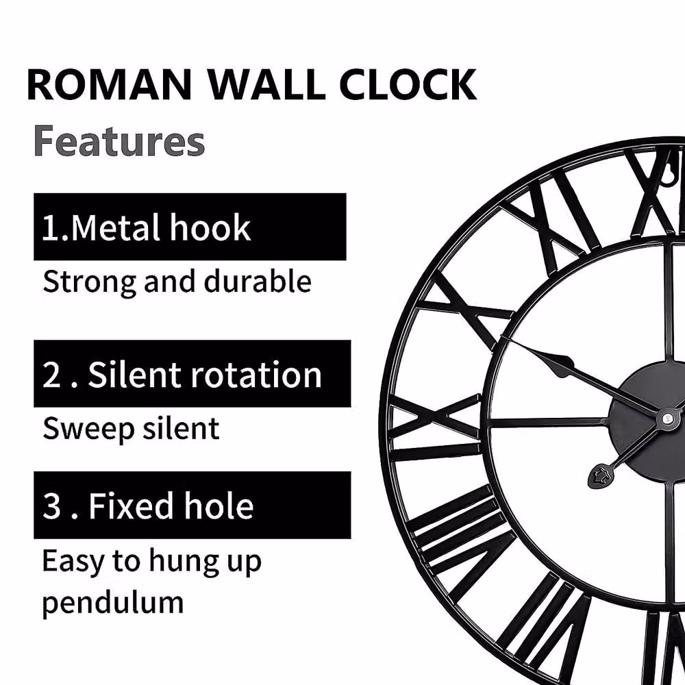 YnysTec Large Skeleton Metal Wall Clock with Roman Numerals in Black, Diameter: 80 cm – 8