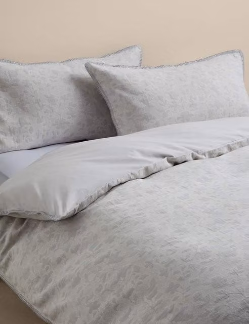 M&S Pure Cotton Floral Jacquard Bedding Set in Grey Mix with Duvet Cover and Pillowcase