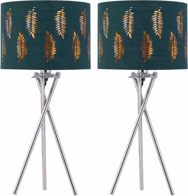 First Choice Lighting Set of 2 Silver Tripod Table Lamps with Dark Green Fern Cut Out Fabric Shades – 1