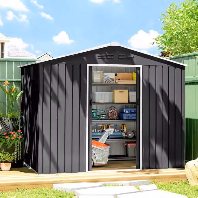 OUTSUNNY Grey Galvanised Steel Pent Garden Storage Shed with Double Door – 1