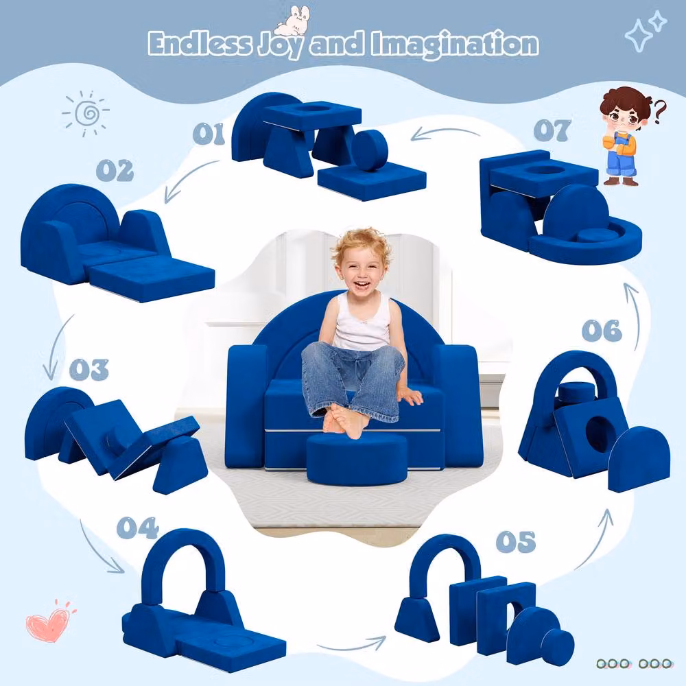 KEEPREAPER Soft Modular Kids Play Couch with Scatter Cushions in Blue – 3