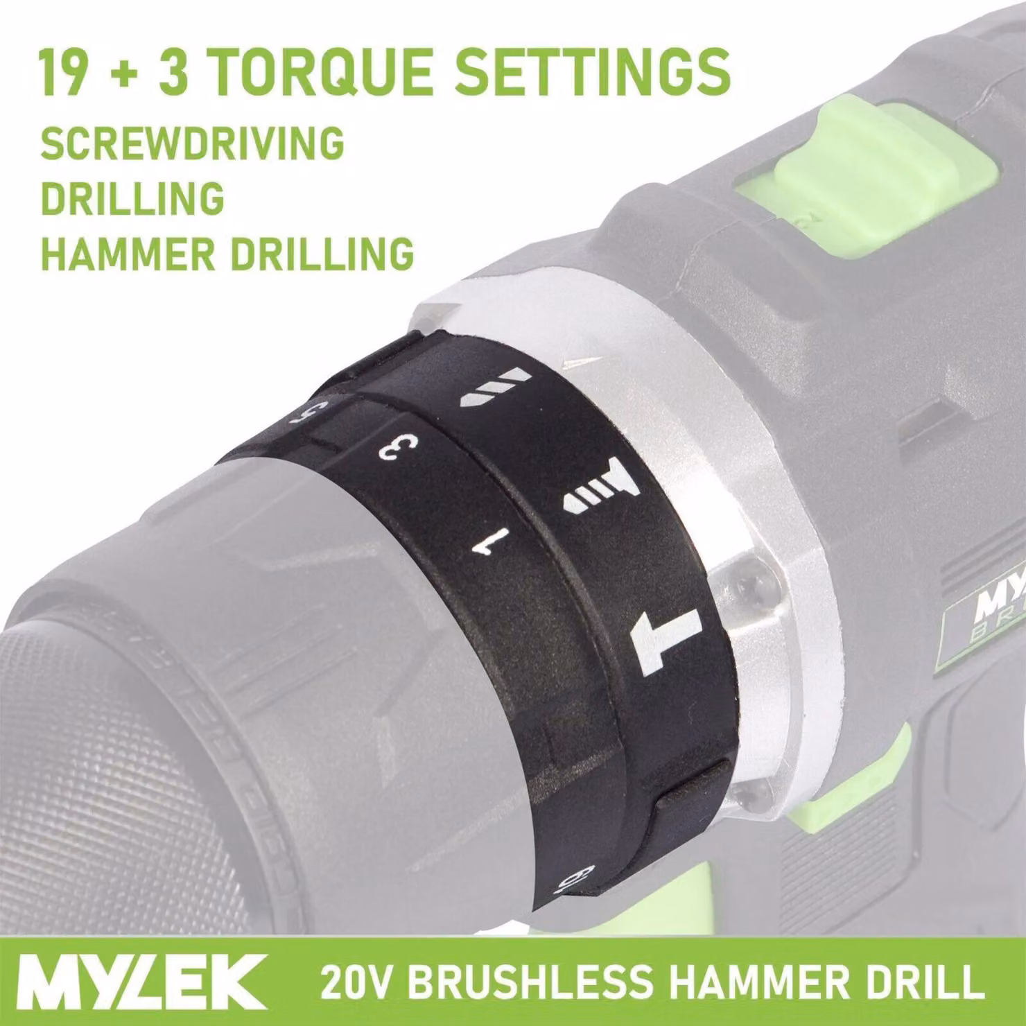 MYLEK 20V Cordless Brushless Impact Hammer Drill in Black with 128 Piece Accessory Kit – 4