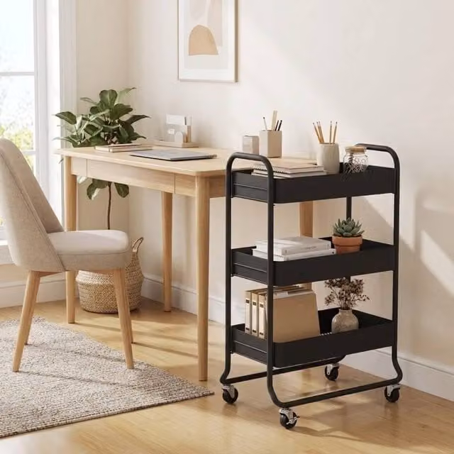 STILVORA Metal Storage Trolley with 3 Baskets in Matt Black