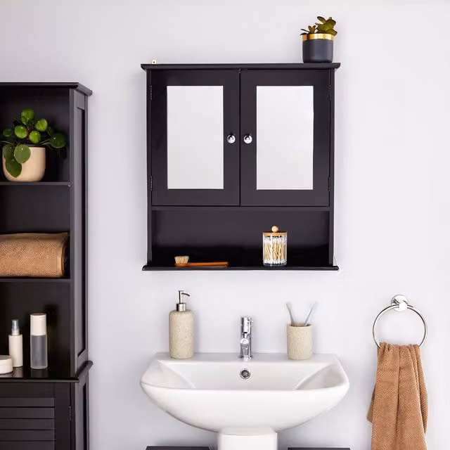 VonHaus Black 2 Door Wall Mounted Bathroom Mirror Cabinet with 3 Internal Shelves and 1 Open Shelf, H: 58 cm x W: 56 cm x D: 13 cm – 1