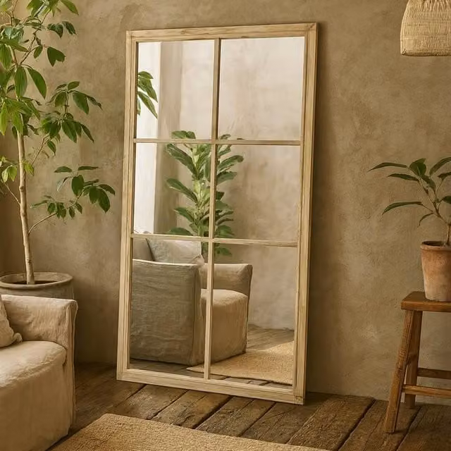 Wyld Haus Rustic Natural Washed Wood Six Panel Window Wall Mirror in Brown