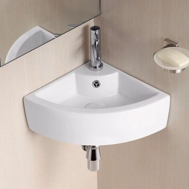 Nes Home White Ceramic Quarter Circle Corner Wall Hung Cloakroom Basin with Waste, W: 46.5 cm, D: 32.5 cm