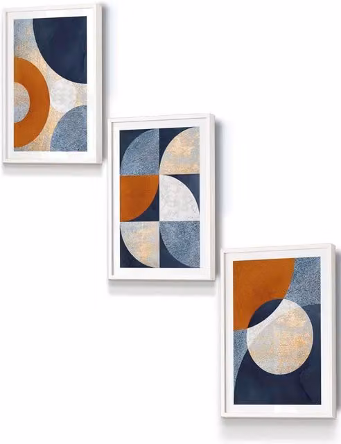 ARTZE Geometric Abstract Textured Circles Framed Wall Art in Navy Blue, Orange, Gold and White, W: 33 cm, H: 45 cm, D: 2 cm