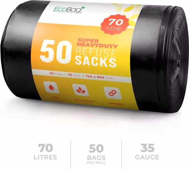 Ecobag Extra Strong Heavy Duty Black Plastic Refuse Sacks, 70L, 50 Pack