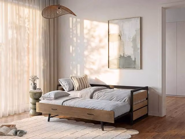 Vente-unique BOSTON Industrial Single Trundle Bed in Light Oak with MDF, Pine and Metal