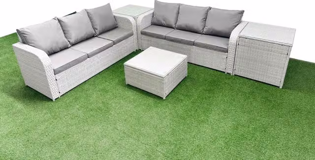 Fimous 6 Seater Rattan Garden Furniture Set with High Back Lounge Sofa, Coffee Table and 2 Side Tables in Light Grey