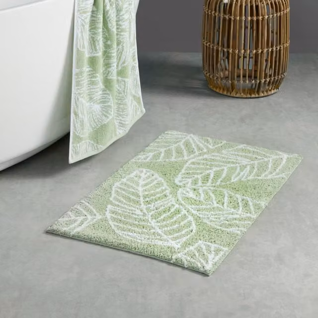 Terrys Matteo Non-Slip Cotton Bath Mat, Floral Green/Khaki, Rectangular