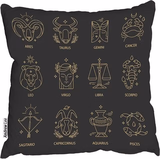 Zodiac Sign Set Outdoor Comfy Square Cushion in Gold, Yellow and Black, W/D/H: 60 x 60 x 60 cm