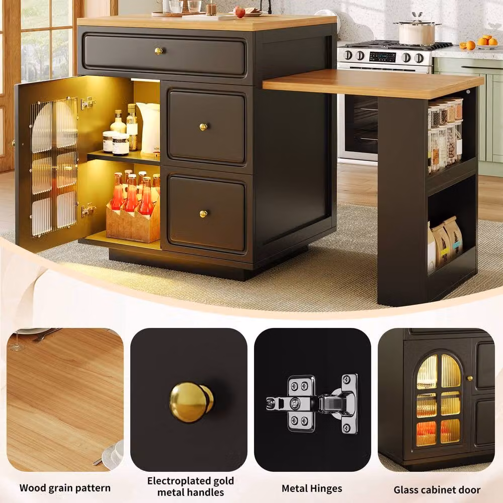 Rolipo Extendable Kitchen Island Bar Table with Storage, Glass Doors and Integrated LED Light in Matt Black – 6