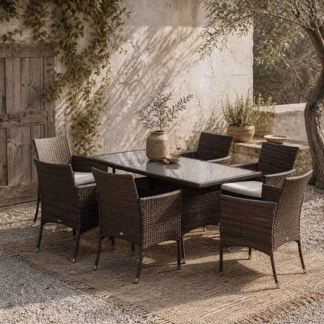 Wyld Haus Dine 6 Seater Outdoor Dining Set in Brown PE Rattan with Metal and Glass Details – 1