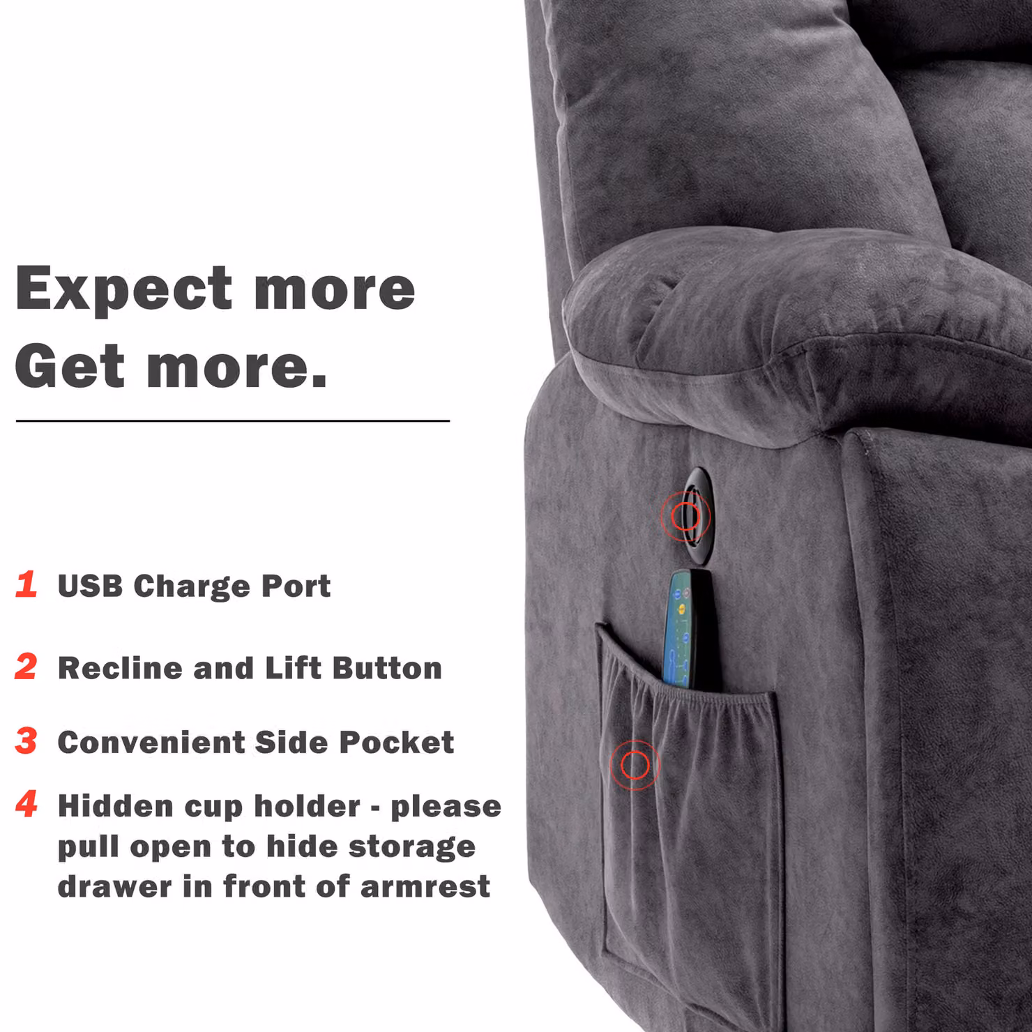 Aosom Grey Power Lift Electric Recliner Chair with Heat, Vibration, USB Ports and Side Pockets, W/D/H: 100 x 95 x 105 cm – 8