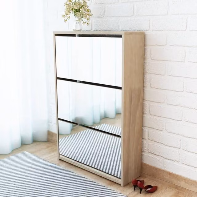 Berkfield Home 3-Layer Oak Shoe Cabinet with Mirror in Brown, W: 63 cm, D: 17 cm, H: 102.5 cm