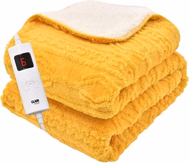 Glamhaus Yellow Heated Electric Blanket with Velvet, Sherpa and Fleece Textures and Auto Shut-Off Timer