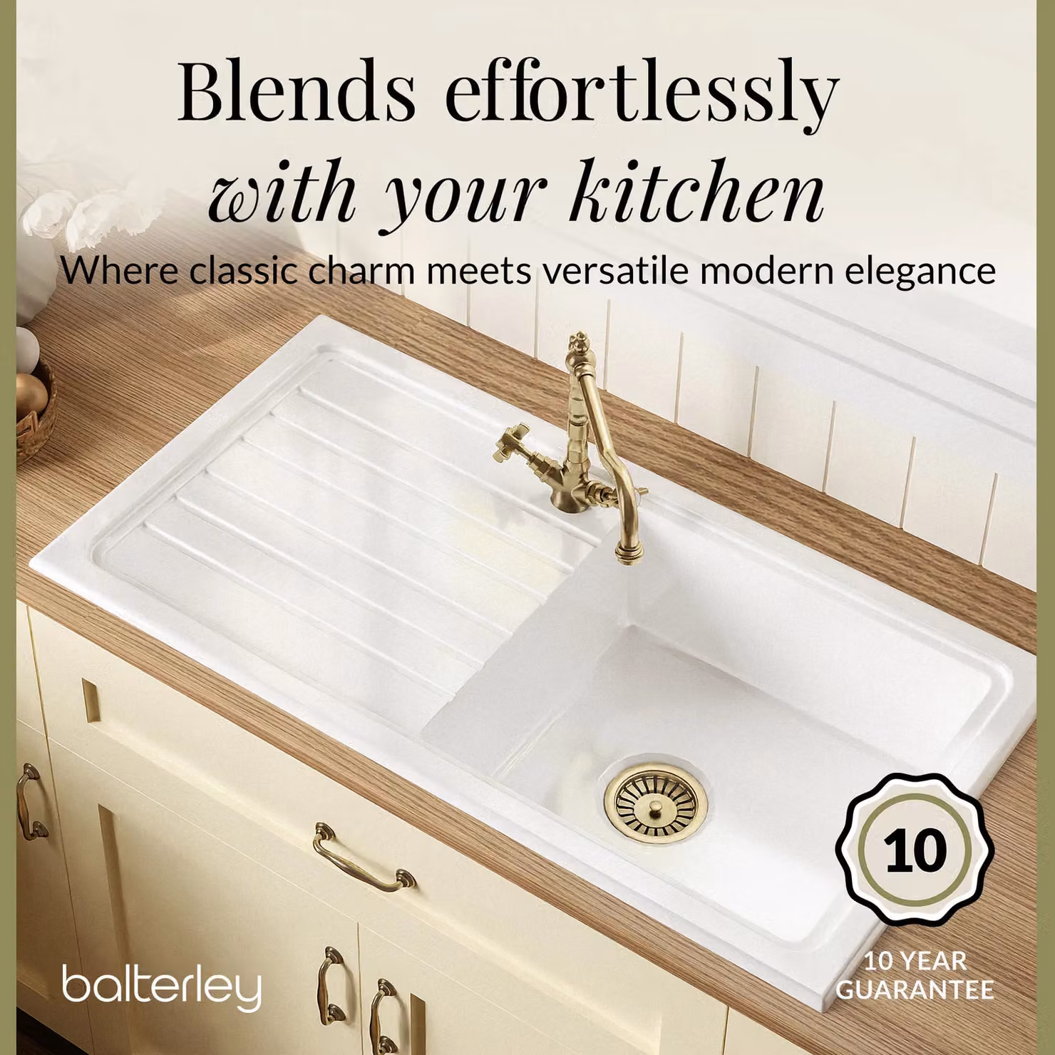 Balterley White Ceramic 1 Bowl Kitchen Sink with Drainer, Waste and Tap, Brushed Brass, W: 1010 mm – 2