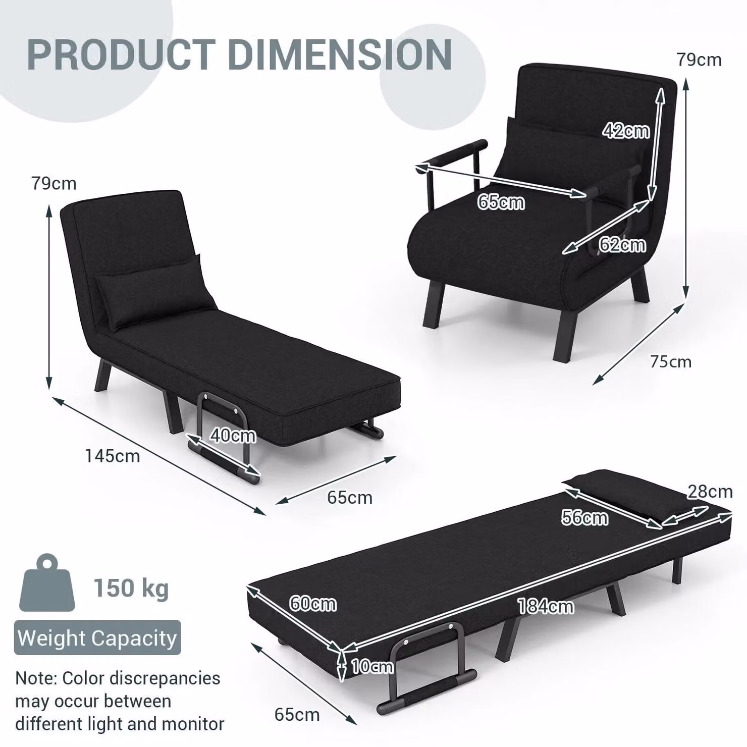 Costway Convertible Single Folding Sofa Bed and Relax Recliner Chair with 6 Adjustable Positions in Dark Grey – 2