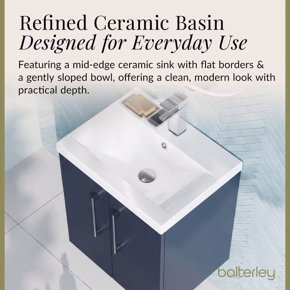 Balterley Contemporary Wall Hung Bathroom Vanity Unit with Mid-Edge Ceramic Basin, Midnight Blue, W: 58 cm, D: 39 cm, H: 51 cm – 5