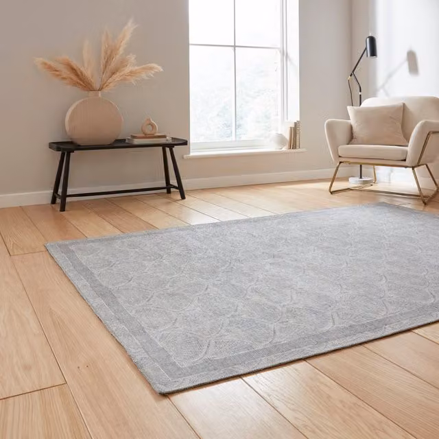Catherine Lansfield Deco Peacock Washable Silver Art Deco Flat Weave Rectangular Rug