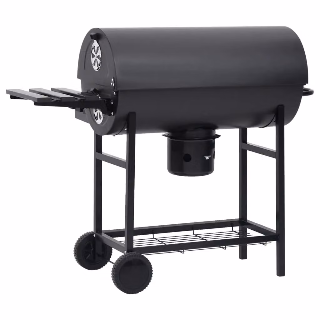 Berkfield Home Black Steel Barrel Charcoal Grill with Wheels, Shelves and Warming Rack, W/D/H: 115 x 85 x 95 cm – 3