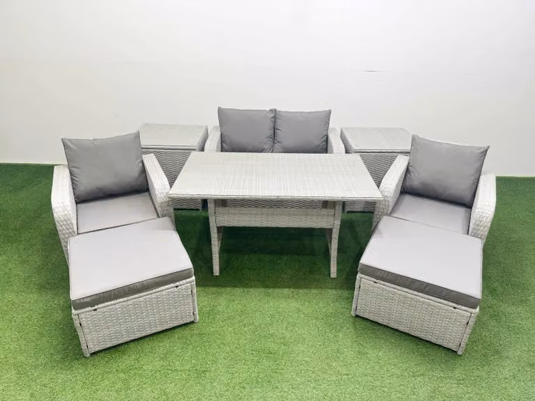 Fimous 6 Seater Light Grey PE Rattan Garden Furniture Set with Rectangular Glass Top Dining Table, Reclining Chairs, 2 Stools and 2 Side Tables