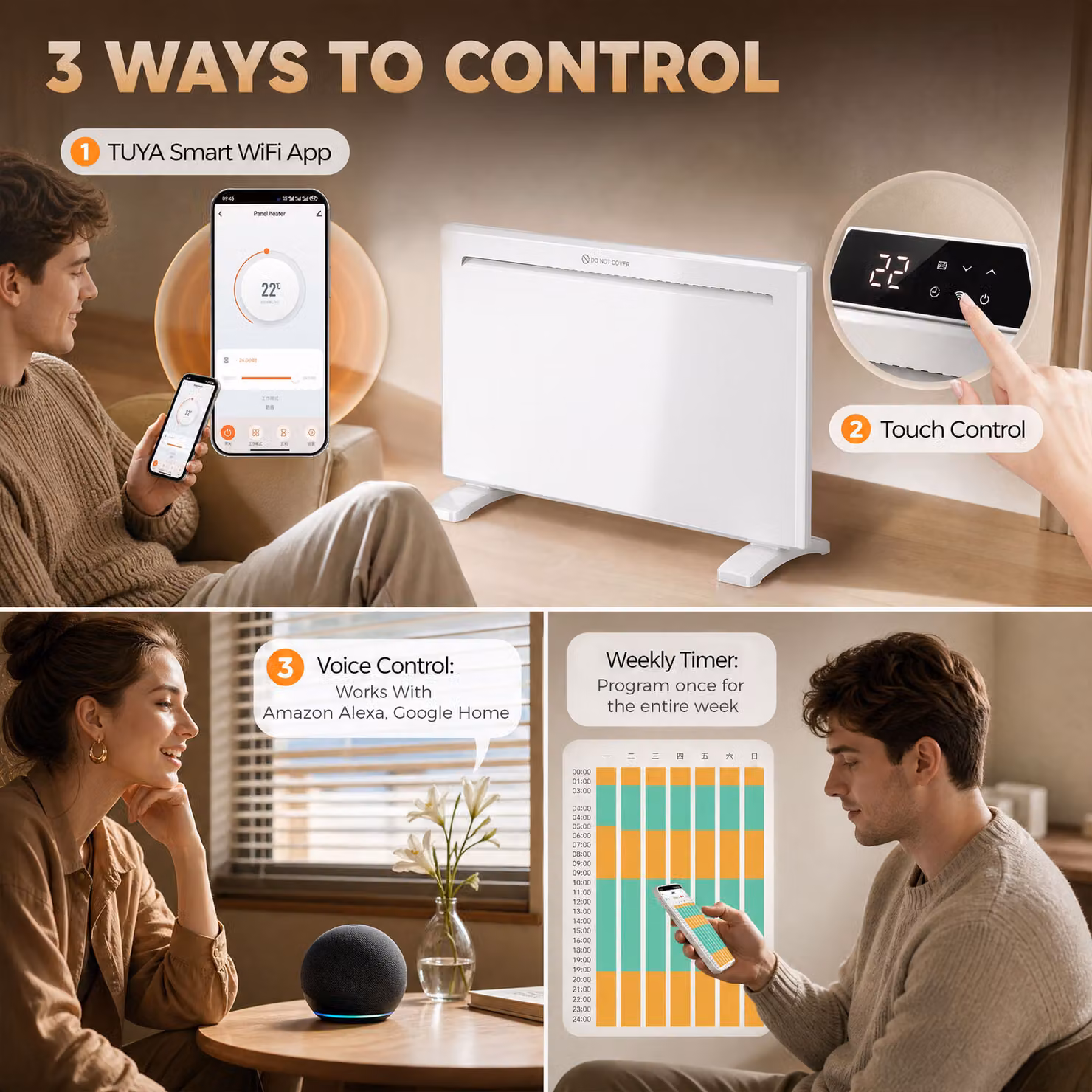 HOMCOM Smart Convector Panel Heater, 1500W Electric Wall Mounted or Freestanding Heater with WiFi App Control and Weekly Timer, White – 3