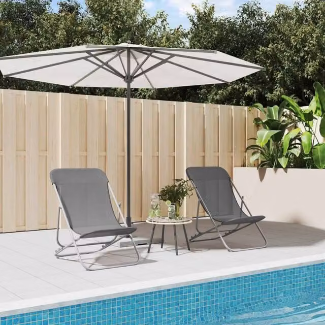 Berkfield Home Set of 2 Grey Folding Beach Chairs with Textilene Fabric and Powder-coated Steel Frame