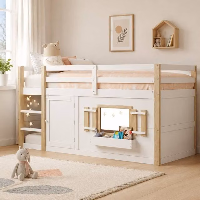 STILVORA White Single Loft Bed with Play Area, W/D/H: 190 x 90 x 120 cm – 1