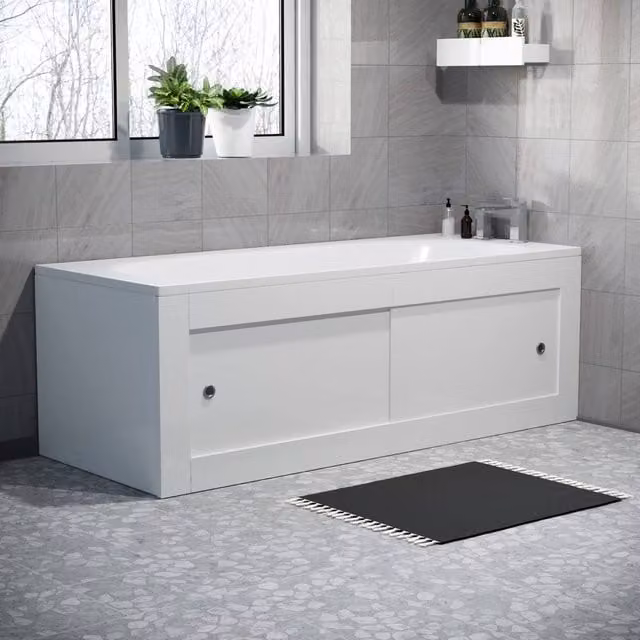 Nes Home White PVC Bath Front Panel, End Panel and Plinth Set with 2 Sliding Doors, Width: 180 cm