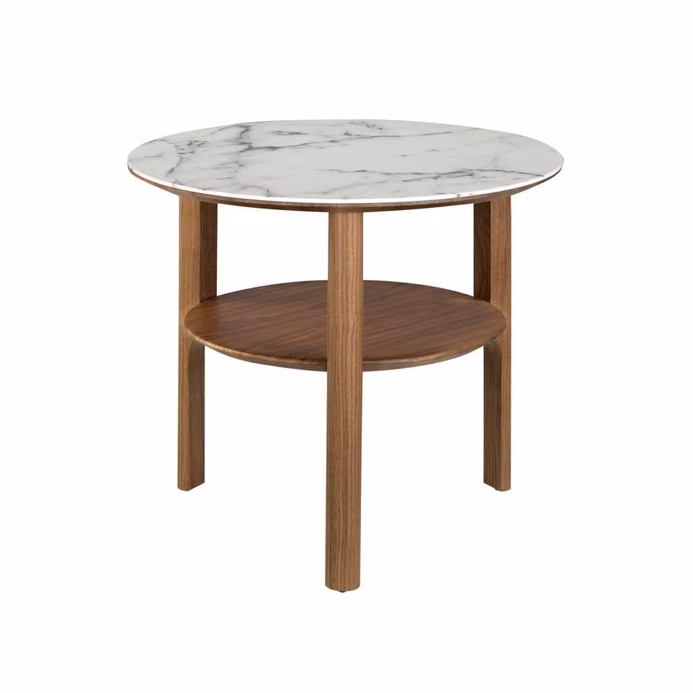 Angel Cerda Round Side Table with Marble-Effect Glass Top and Walnut Finish in Brown – 2