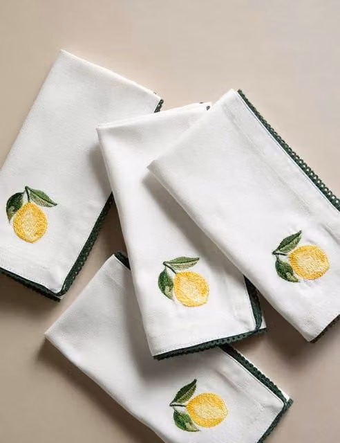 M&S Set of 4 Mediterranean Floral Embroidered Cotton Napkins in Yellow and White