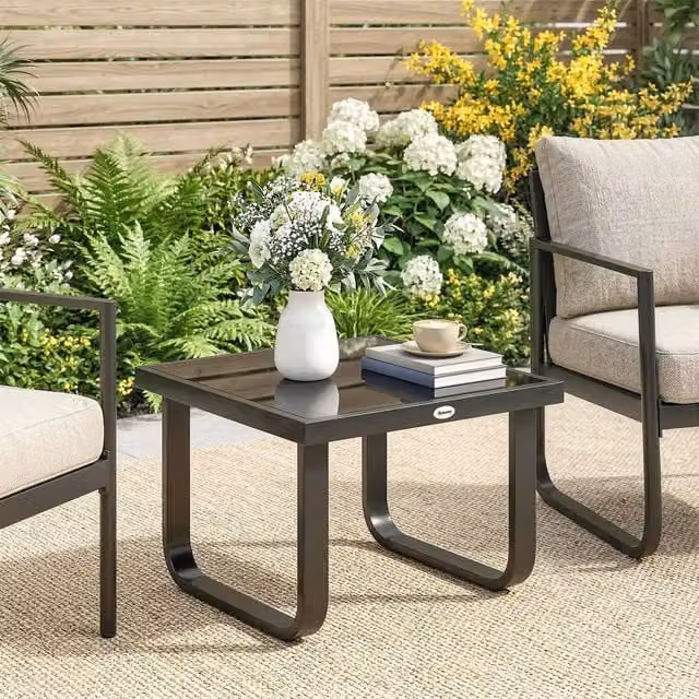 Outsunny Modern Garden Coffee Table with Glass Top, Black, W/D/H: 45 x 45 x 45 cm