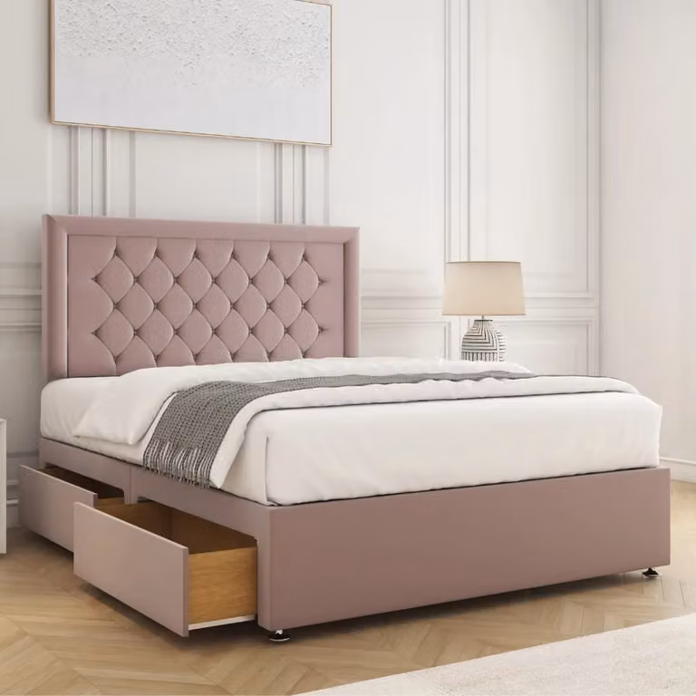 BSSPOKE Nova Plush Velvet Super King Divan Bed with 24 inch Headboard and 4 Drawers in Pink, W/D/H: 200 x 200 x 30.48 cm