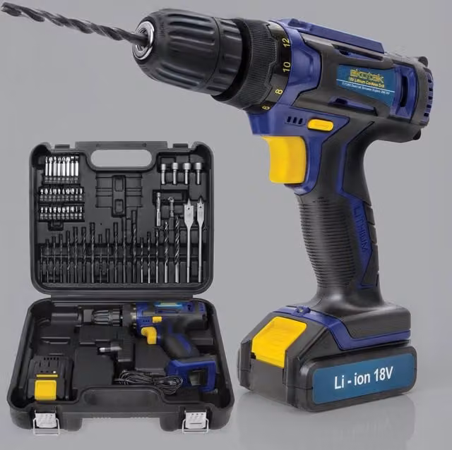 Skotek 18V Cordless Drill and Drill Bit Accessory Kit with Rechargeable Battery, Blue