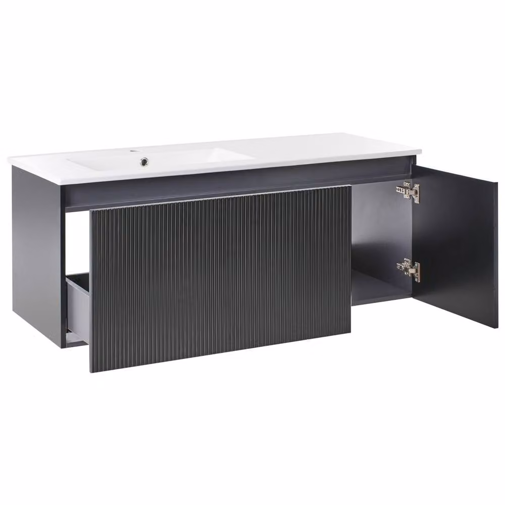 Wyld and Coco Wall-Mounted Vanity Unit with Ceramic Basin, Black Fluted Front, Width: 120 cm – 4