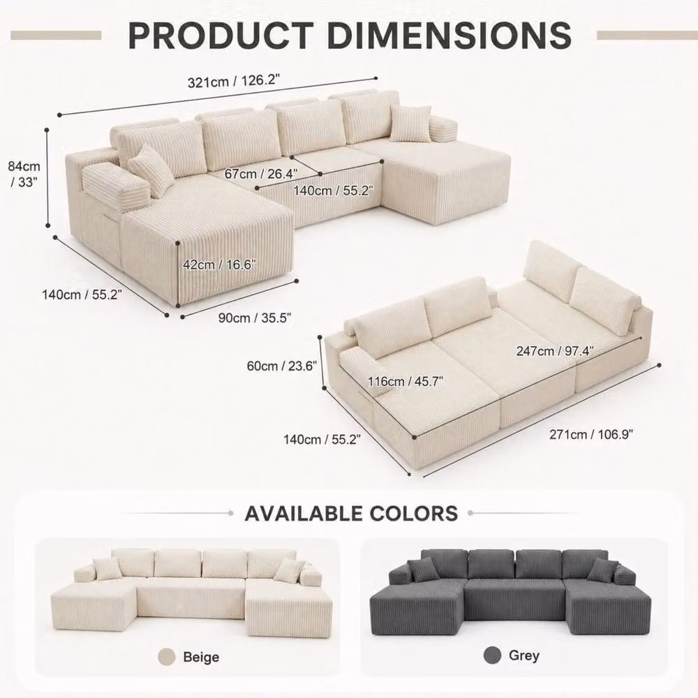 FORGEVIO Beige Modular Corduroy Sofa Bed with Sleeping Function – 2