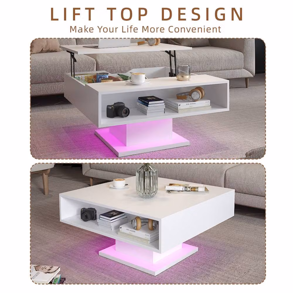 KEEPREAPER Modern Rectangular Lift Top Coffee Table with Hidden Storage in White – 4