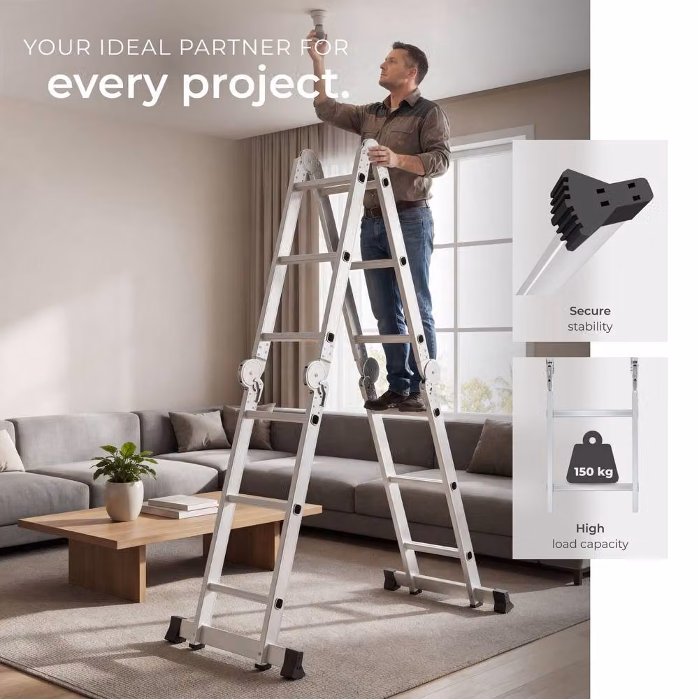 tectake 6-in-1 Multi-Purpose Foldable Ladder with 12 Steps in Silver – 4