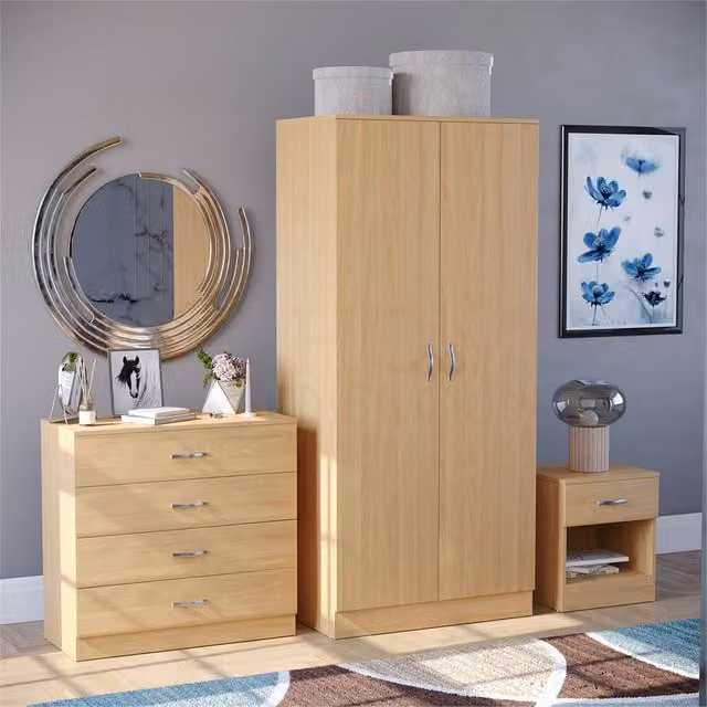 Nordara Pine 3-Piece Modern Bedroom Furniture Set in Brown with Wardrobe, Chest of Drawers and Nightstand