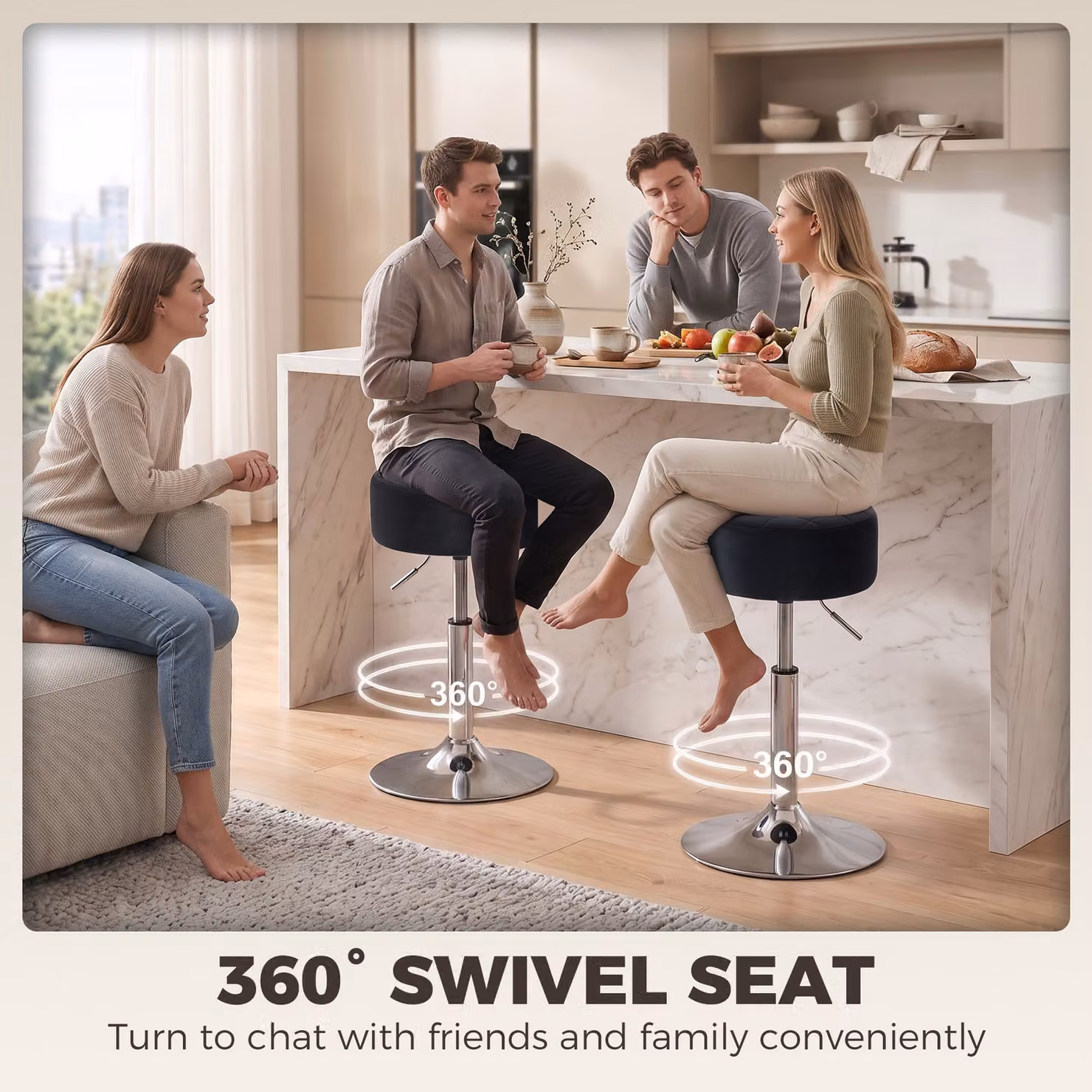 HOMCOM Adjustable Swivel Bar Stool with Black Velvet-feel Seat and Metal Base – 5