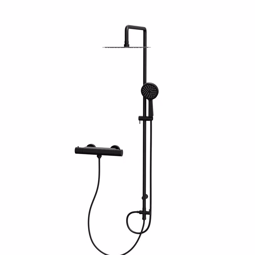 Nes Home Round Shower Kit with Thermostatic Valve and Single Outlet in Matte Black, H 150 cm x W 20 cm – 2