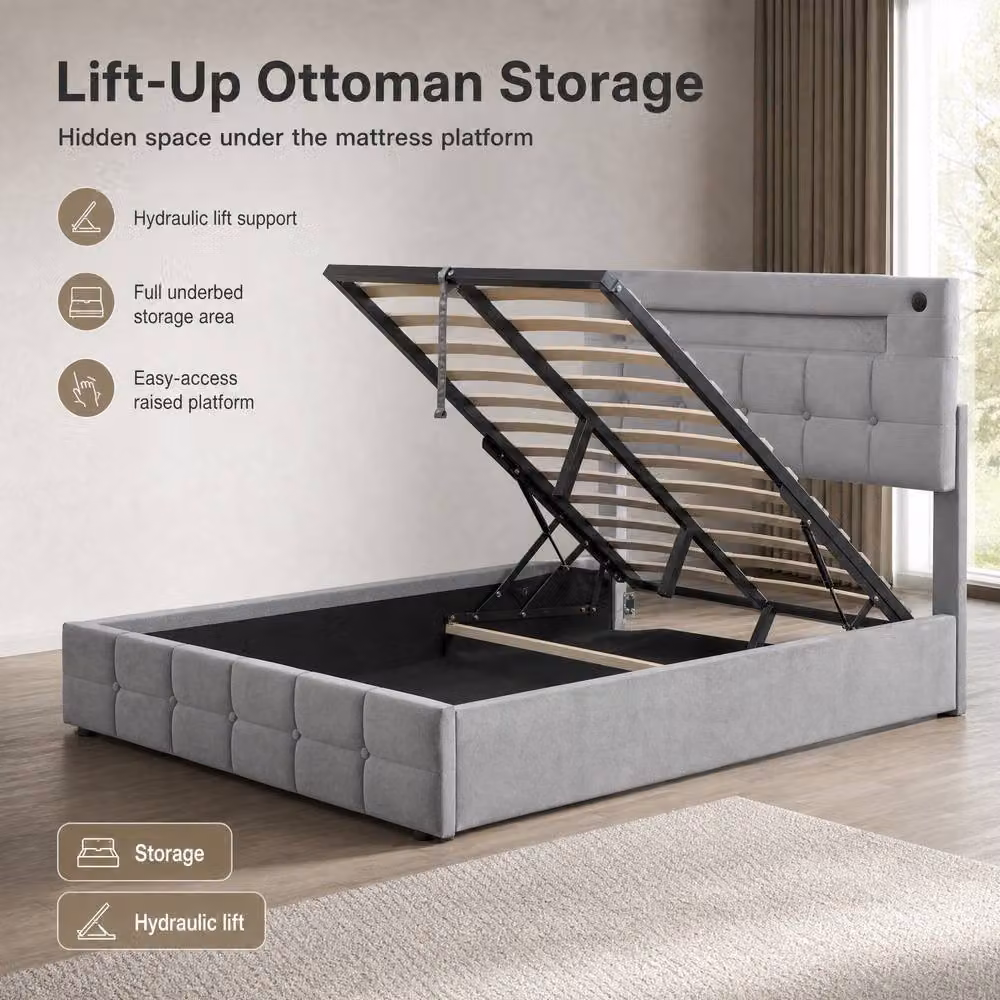 STILVORA Double Ottoman Bed with Under-Bed LED Lighting and USB Charging Ports in Grey Velvet – 4